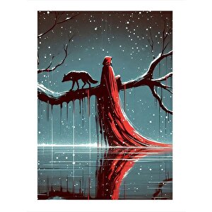 Daldaki Kurt Ve Kırmızı Elbiseli Kadın Modern Ahşap Tablo 35cm X50cm 35x50 cm