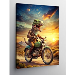 Kanvas Tablo Retro Motosiklet Kullanan Dinozor