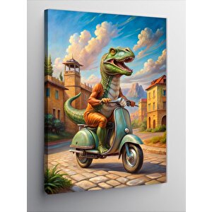 Kanvas Tablo Retro Motosiklet Kullanan Dinozor 70x100 cm