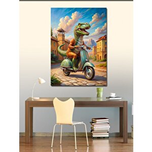 Kanvas Tablo Retro Motosiklet Kullanan Dinozor 70x100 cm