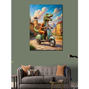 Kanvas Tablo Retro Motosiklet Kullanan Dinozor 70x100 cm