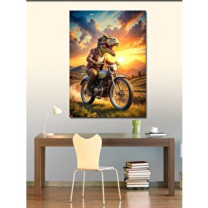 Kanvas Tablo Retro Motosiklet Kullanan Dinozor 100x140 cm