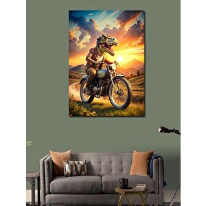 Kanvas Tablo Retro Motosiklet Kullanan Dinozor 100x140 cm