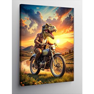 Kanvas Tablo Retro Motosiklet Kullanan Dinozor