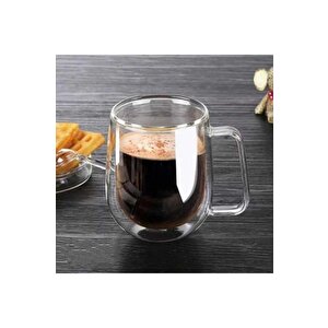 250 Ml Çift Cidarlı Isı Yalıtımlı Kulplu Cam Şeffaf Kupa Mit1008