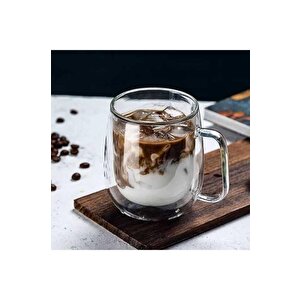 2 Adet 250 Ml Çift Cidarlı Isı Yalıtımlı Kulplu Cam Şeffaf Kupa Mit1009