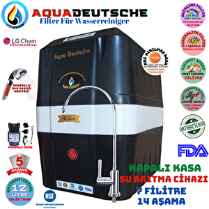AQUA DEUTSCHE Plus Pompali Siyah-beyaz 12 Litre 7 Filitre 14 Aşama Gümüş İyonlu Su Arıtma Cihazı Duş Başliği Hedi̇ye