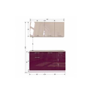 Hale Hazır Mutfak Dolabı – 140 Cm- Parlak Mürdüm Ve Beyaz – Tezgah Dahil Değil