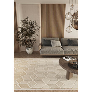 Elit 03 Bej Salon Halısı Bukle İskandinav Halı Yolluk Etnik Mutfak Halısı Koridor Halısı 120x180 cm