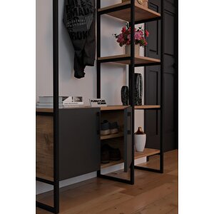 Metal Portmanto Elbise Askılığı Ayakkabılık Bölmeli Vestiyer - Atlantik Çam & Antrasit