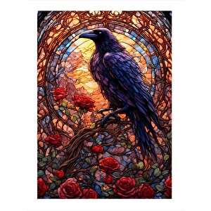 Vitray Tarzında Karga Modern Ahşap Tablo 25cmx 35cm 25x35 cm