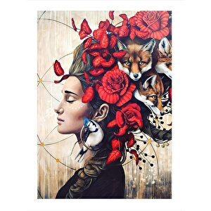 Tilkiler Ve Kadın Modern Ahşap Tablo 35cm X50cm 35x50 cm