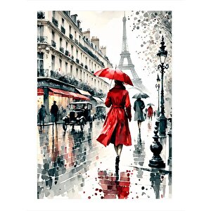 Yağmurda Kırmızı Elbiseli Kadın Mdf Poster 35cm X50cm 35x50 cm