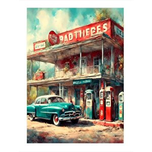 Retro Benzin İstasyonu Dekoratif Mdf Tablo 35cm X50cm 35x50 cm