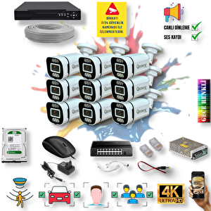 9 Kameralı IP Set - Yapay Zeka Özellikli Gece Renkli Gösteren Sesli 6 Warm Ledli 4K FULLHD IP Güvenlik Kamerası Seti 4386WS