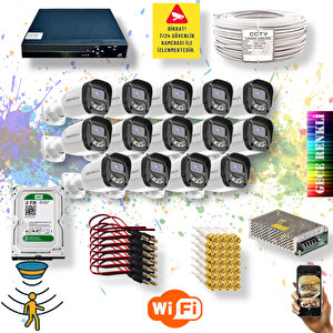 14 Kameralı Set - Gece Renkli Gösteren Hareket Algılayan 5MP SONY Lensli 4 Ultra Warm Ledli FULLHD Güvenlik Kamerası Seti 2304W-9016