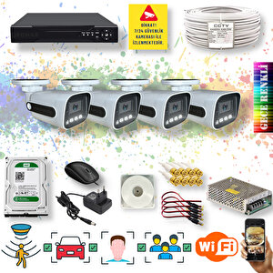 4 Kameralı Set - Yapay Zeka Özellikli Gece Renkli Gösteren 5 Mp Lensli 1080P FullHD Güvenlik Kamerası Seti 784w-1