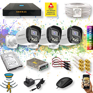 3 Kameralı Set - Gece Renkli Gösteren Hareket Algılayan 5MP SONY Lensli Warm Ledli Güvenlik Kamerası Seti 2304W-9004