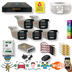 5 Kameralı Set - Yapay Zeka Özellikli İnsan Yüz Araç Tanımalı Gece Renkli Gösteren 5 Mp Sony Lensli 8 Warm Ledli Fullhd Güvenlik Kamerası Seti 908w-9008