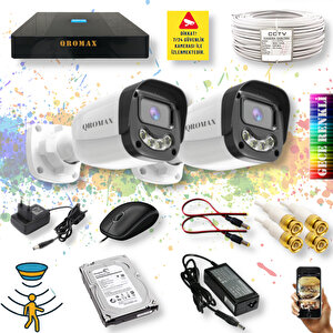 2 Kameralı Set - Gece Renkli Gösteren Hareket Algılayan 5MP SONY Lensli Warm Ledli Güvenlik Kamerası Seti 2304W-9004