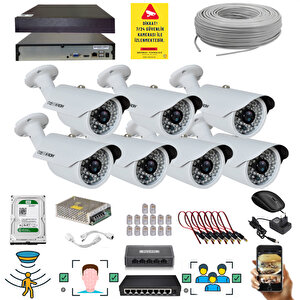 7 Kameralı Set - 5 Mp 1940p Sensör 6 Megapiksel Sony Lens Metal Kasa Ip Güvenlik Kamerası Seti