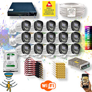 15 Kameralı Set - Gece Renkli Gösteren Hareket Algılayan 5MP SONY Lensli 4 Ultra Warm Ledli FULLHD Güvenlik Kamerası Seti 2304W-9016