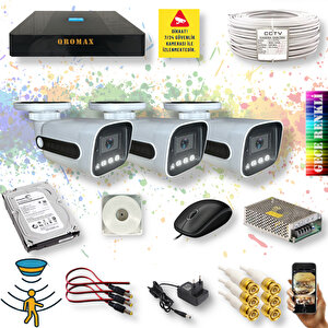 3 Kameralı Set - Hareket Algılayan Gece Renkli Gösteren 5 Mp Sony Lensli 4 Warm Ledli 1080p Fullhd Güvenlik Kamerası Seti 784w