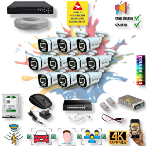 10 Kameralı IP Set - Yapay Zeka Özellikli Gece Renkli Gösteren Sesli 6 Warm Ledli 4K FULLHD IP Güvenlik Kamerası Seti 4386WS