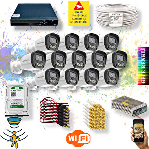 13 Kameralı Set - Gece Renkli Gösteren Hareket Algılayan 5MP SONY Lensli 4 Ultra Warm Ledli FULLHD Güvenlik Kamerası Seti 2304W-9016