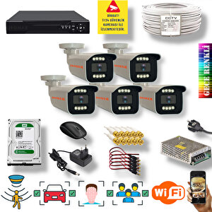 5 Kameralı Set - Yapay Zeka Özellikli İnsan Yüz Araç Tanımalı Gece Renkli Gösteren 5 Mp Sony Lensli 8 Warm Ledli Fullhd Güvenlik Kamerası Seti 908w-9008m