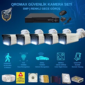 5 Kameralı Set - Yapay Zeka Özellikli İnsan Yüz Araç Tanımalı Gece Renkli Gösteren 5 Mp Sony Lensli 4 Warm Ledli Fullhd Güvenlik Kamerası Seti 3404w-9008m