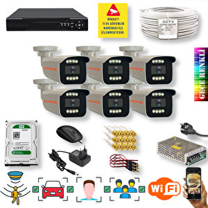 6 Kameralı Set - Yapay Zeka Özellikli İnsan Yüz Araç Tanımalı Gece Renkli Gösteren 5 Mp Sony Lensli 8 Warm Ledli Fullhd Güvenlik Kamerası Seti 908w-9008m