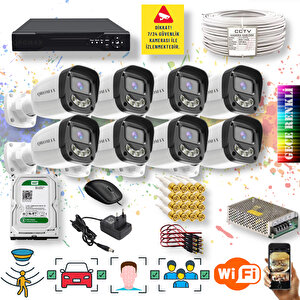 8 Kameralı Set - Yapay Zeka Özellikli Gece Renkli Gösteren 5MP SONY Lensli 4 Ultra Warm Ledli FULLHD Güvenlik Kamerası Seti 2304W-108