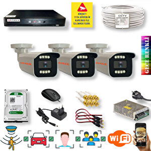 3 Kameralı Set - Yapay Zeka Özellikli İnsan Yüz Araç Tanımalı Gece Renkli Gösteren 5 Mp Sony Lensli 8 Warm Ledli Fullhd Güvenlik Kamerası Seti 908w-114