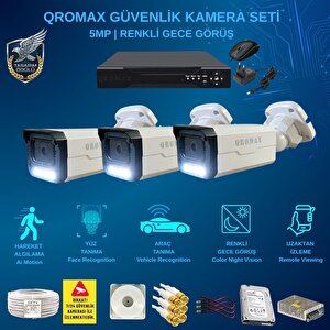 3 Kameralı Set - Yapay Zeka Özellikli İnsan Yüz Araç Tanımalı Gece Renkli Gösteren 5 Mp Sony Lensli 4 Warm Ledli Fullhd Güvenlik Kamerası Seti 3404w-114