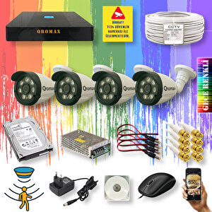 4 Kameralı Set - Gece Renkli Gösteren Hareket Algılayan 8 Warm Ledli 1080P Turbo HD Güvenlik Kamerası Seti 3908W-9004
