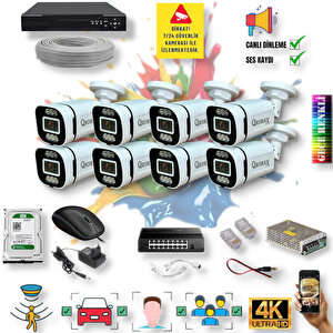 8 Kameralı IP Set - Yapay Zeka Özellikli Gece Renkli Gösteren Sesli 6 Warm Ledli 4K FULLHD IP Güvenlik Kamerası Seti 4386WS