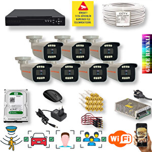 7 Kameralı Set - Yapay Zeka Özellikli İnsan Yüz Araç Tanımalı Gece Renkli Gösteren 5 Mp Sony Lensli 8 Warm Ledli Fullhd Güvenlik Kamerası Seti 908w-9008m
