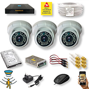 3 Kameralı Set - Hareket Algılayan Gece Görüşlü 36 Ir Led 5mp Sony Lensli 1080p Full Hd Dome İç Mekan Güvenlik Kamerası Seti D136b