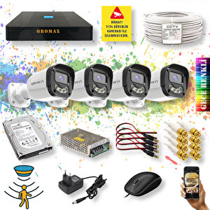4 Kameralı Set - Gece Renkli Gösteren Hareket Algılayan 5MP SONY Lensli Warm Ledli  Güvenlik Kamerası Seti 2304W-9004