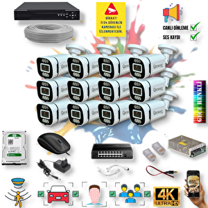 12 Kameralı IP Set - Yapay Zeka Özellikli Gece Renkli Gösteren Sesli 6 Warm Ledli 4K FULLHD IP Güvenlik Kamerası Seti 4386WS