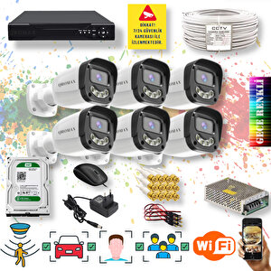 6 Kameralı Set - Yapay Zeka Özellikli Gece Renkli Gösteren 5MP SONY Lensli 4 Ultra Warm Ledli FULLHD Güvenlik Kamerası Seti 2304W-108
