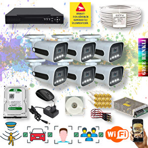 6 Kameralı Set - Yapay Zeka Özellikli Gece Renkli Gösteren 5 Mp Lensli 1080P FullHD Güvenlik Kamerası Seti 784w-108