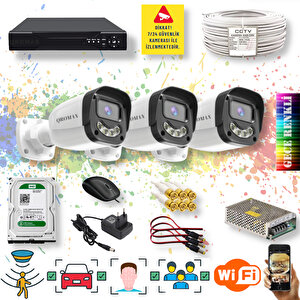 3 Kameralı Set - Yapay Zeka Özellikli Gece Renkli Gösteren 5MP SONY Lensli 4 Ultra Warm Ledli FULLHD Güvenlik Kamerası Seti 2304W-104