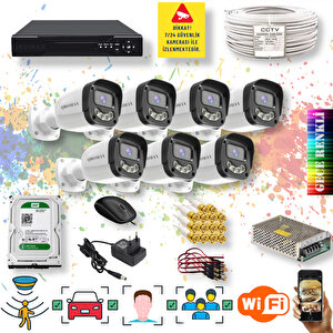 7 Kameralı Set - Yapay Zeka Özellikli Gece Renkli Gösteren 5MP SONY Lensli 4 Ultra Warm Ledli FULLHD Güvenlik Kamerası Seti 2304W-108