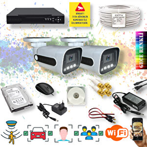 2 Kameralı Set - Yapay Zeka Özellikli Gece Renkli Gösteren 5 Mp Lensli 1080P FullHD Güvenlik Kamerası Seti 784w-1
