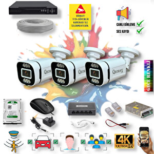 3 Kameralı IP Set - Yapay Zeka Özellikli Gece Renkli Gösteren Sesli 6 Warm Ledli 4K FULLHD IP Güvenlik Kamerası Seti 4386WS