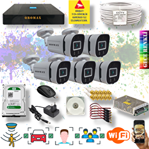 5 Kameralı Set - Yapay Zeka Özellikli Gece Renkli Gösteren 5 Mp Lensli 1080P FullHD Güvenlik Kamerası Seti 604w-9008