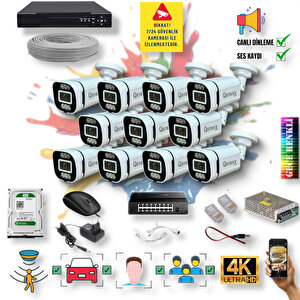 11 Kameralı IP Set - Yapay Zeka Özellikli Gece Renkli Gösteren Sesli 6 Warm Ledli 4K FULLHD IP Güvenlik Kamerası Seti 4386WS