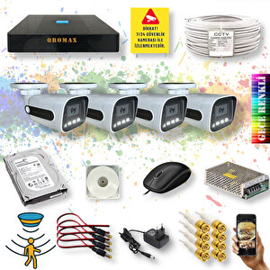 4 Kameralı Set - Hareket Algılayan Gece Renkli Gösteren 5 Mp Sony Lensli 4 Warm Ledli 1080p Fullhd Güvenlik Kamerası Seti 784w